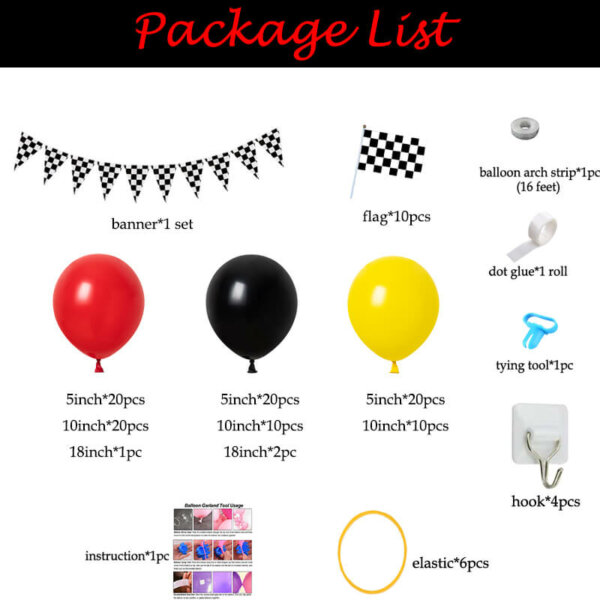 package list of red race car balloon garland kit