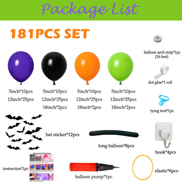 package list of purple and green halloween balloon arch