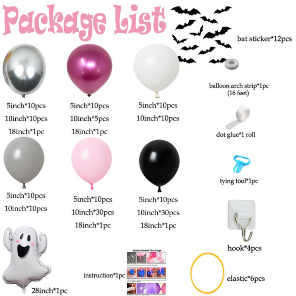 package list of pink halloween balloon decoration